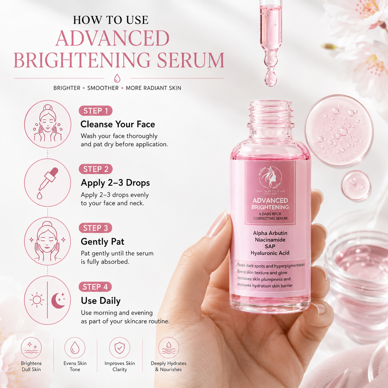 Step-by-step guide showing how to use Brightening Serum for radiant, hydrated, and even-looking skin