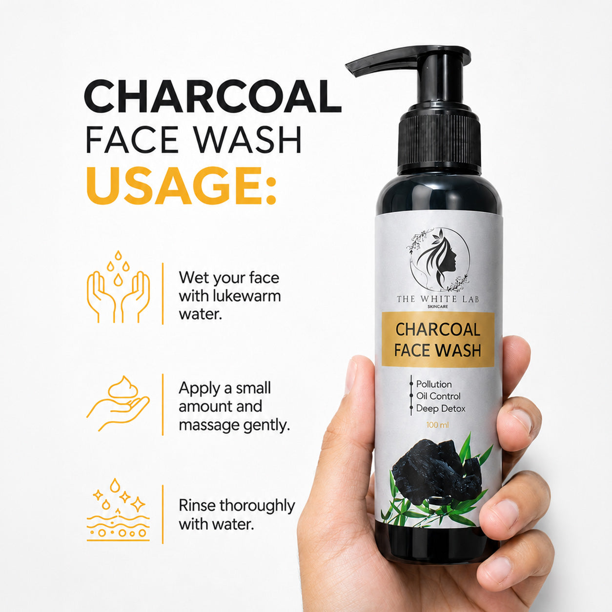 Step-by-step guide showing how to use Charcoal Face Wash for deep cleansing, oil control, and refreshed healthy-looking skin