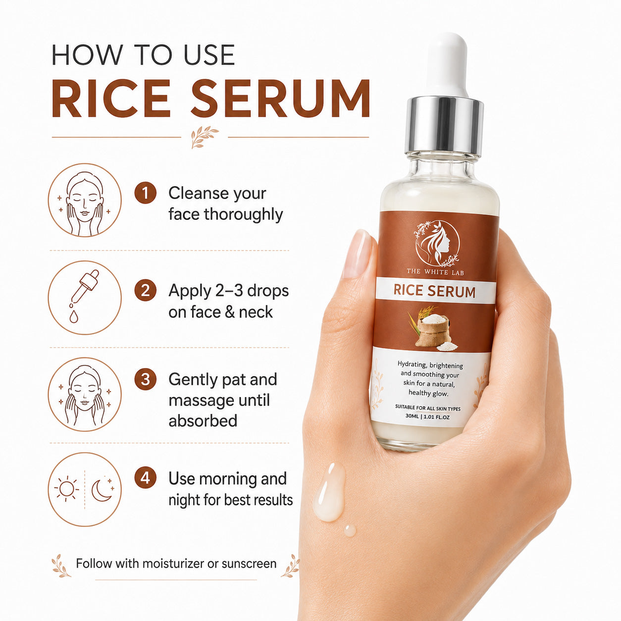 Step-by-step guide showing how to use Rice Serum for hydrated, radiant, and healthy-looking skin