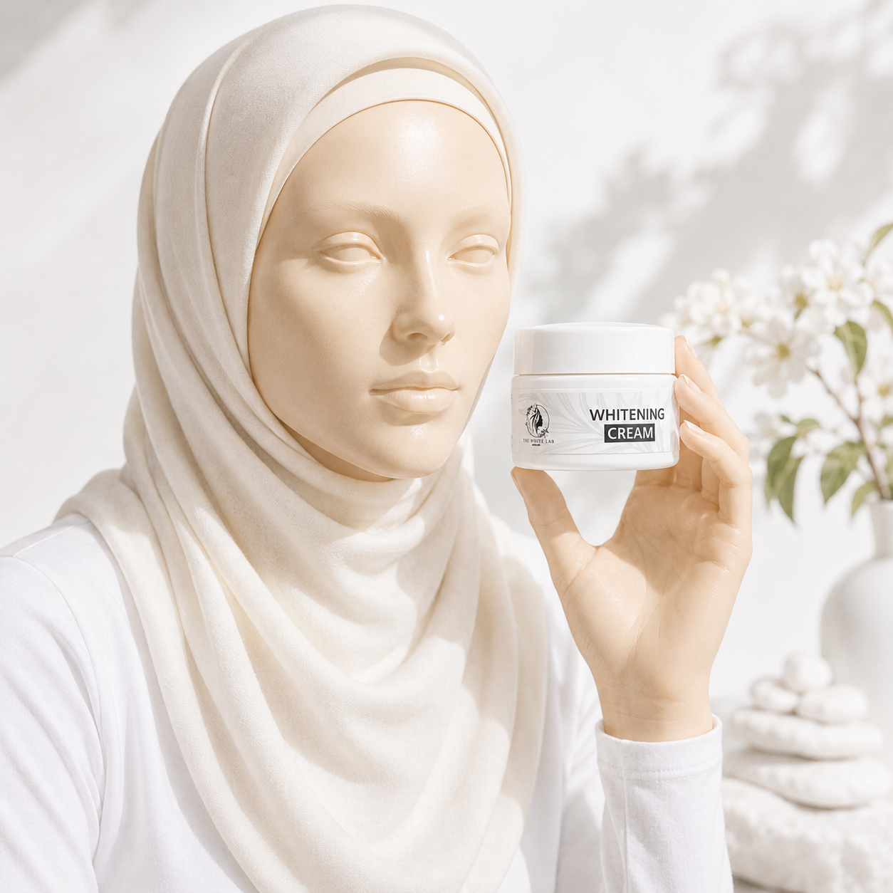 Applying whitening cream evenly to the face for a brighter complexion