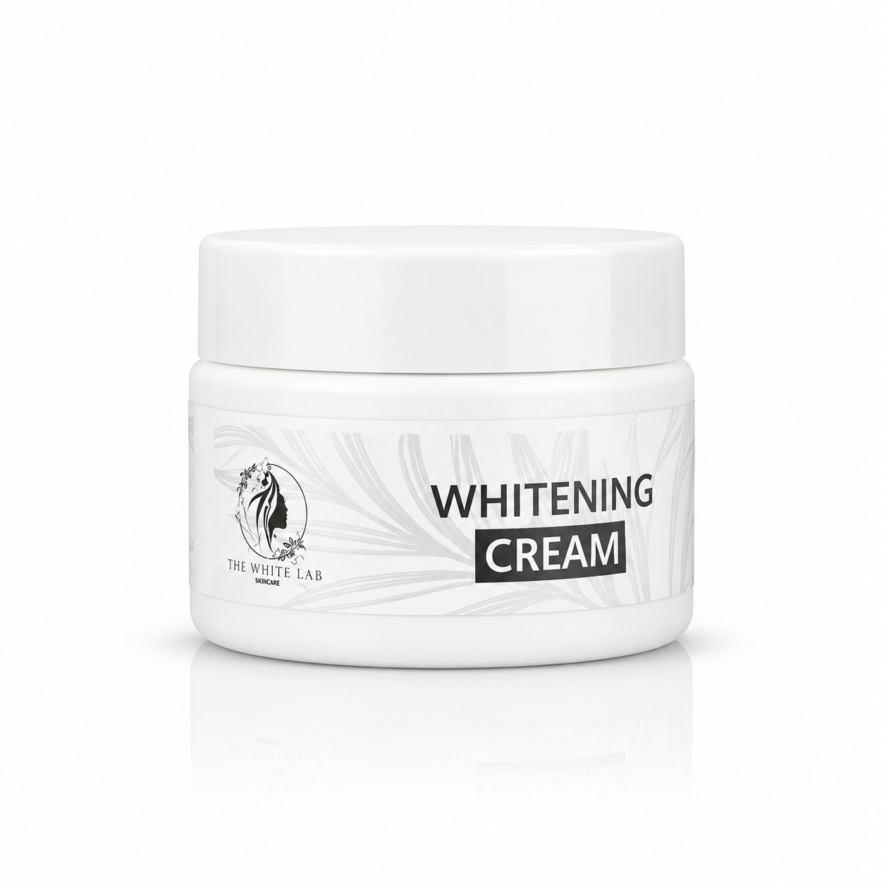 Premium whitening cream jar on a clean white luxury background