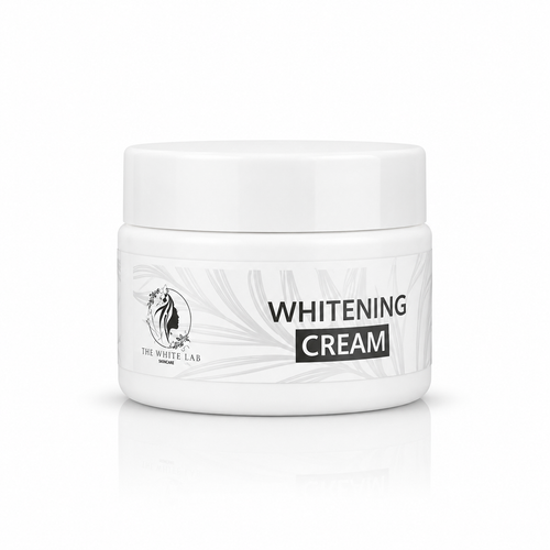 Premium whitening cream jar on a clean white luxury background