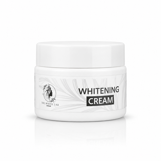 Premium whitening cream jar on a clean white luxury background